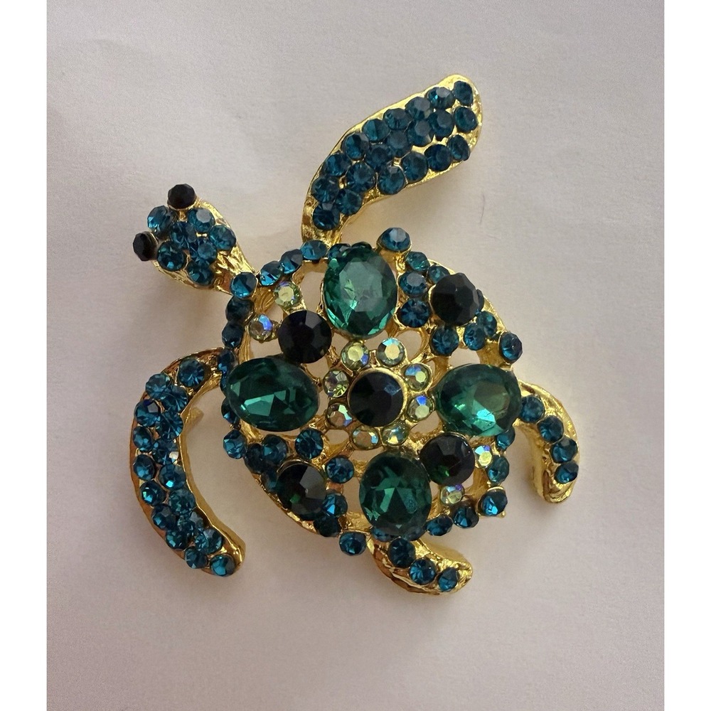 Goldtone Metal Sea Turtle Brooch Pin Green Crystals Aquatic